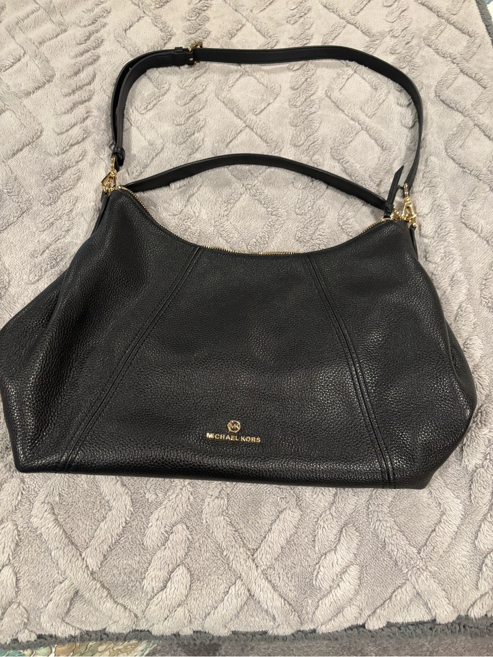 Michael Kors Black Pebbled Leather Shoulder Hobo with Gold Hardware